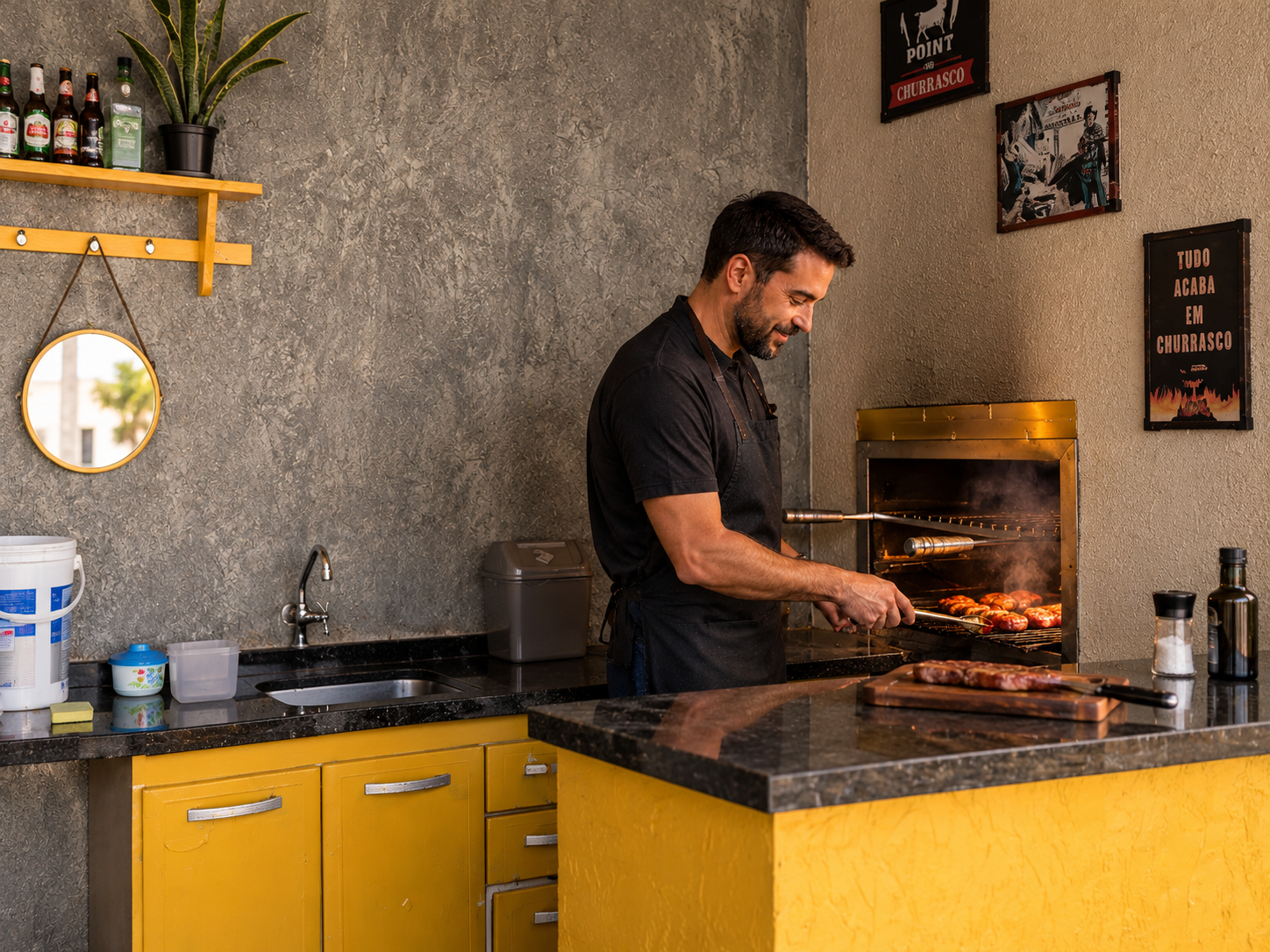 Churrasco sendo preparado na área gourmet
